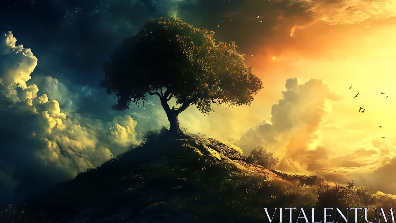 Solitary hilltop tree glowing between night and sunrise.