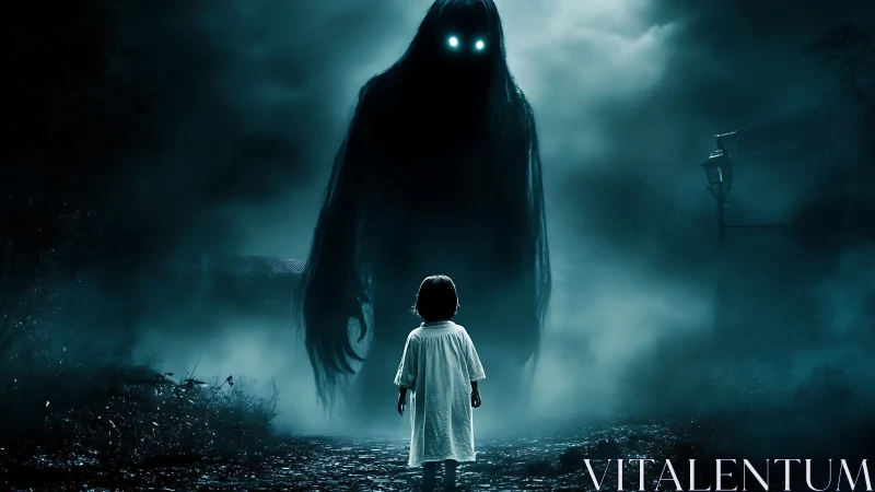 Child confronts towering shadow entity in foggy midnight street.