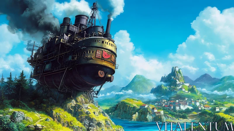 Steam-powered airborne vessel above coastal valley landscape.