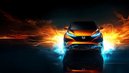 Electric orange SUV concept framed by fire and water glow.