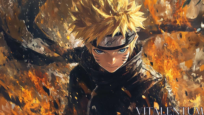 Determined anime ninja strides through blazing inferno.