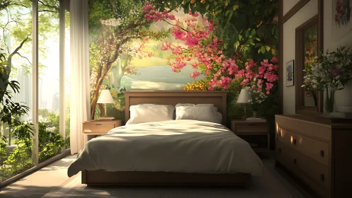 Sunlit garden bedroom wrapped in soft blossoms and calm light.