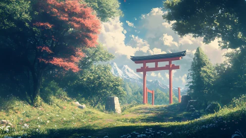 Crimson torii gateway bathing a mountain forest in hush.