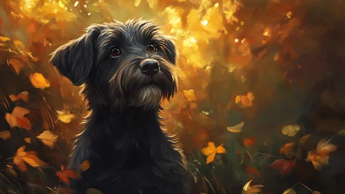 Textured digital portrait of black dog in warm autumn foliage