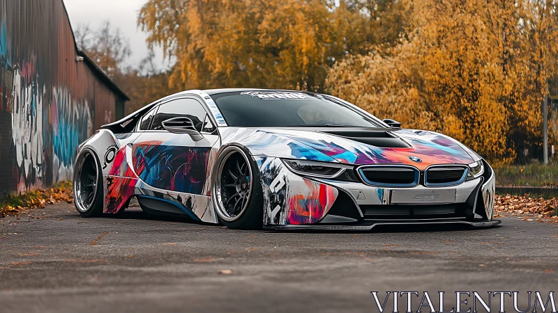 BMW sports coupe with neon graffiti wrap in autumn streetscape.