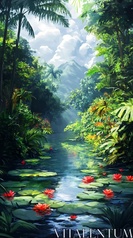 Lush jungle river drifts softly past bright red water lilies