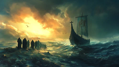 Pilgrims and a stormlit ship seeking the glowing horizon.
