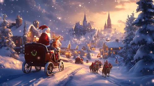 Festive Santa procession through snow-lit winter village street.