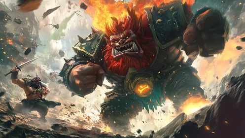Fiery armored beast warrior charges through battle chaos.
