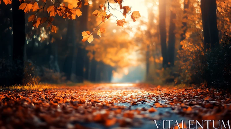 Golden autumn forest path in glowing bokeh lightscape.
