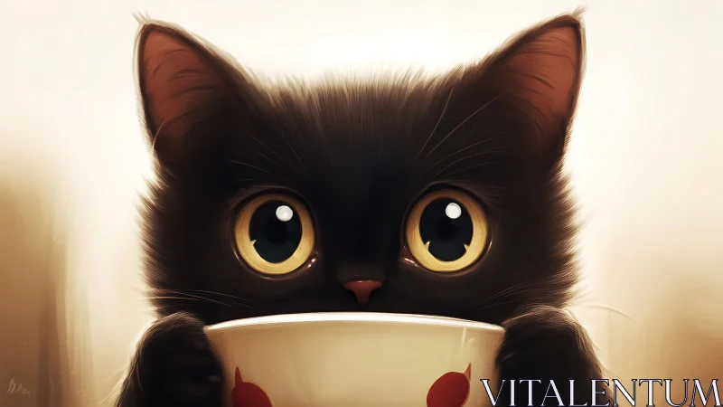 Felid Portrait With Luminous Ocular Features And Ceramic Vessel Iconography.