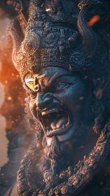 Mythic wrath deity rendered in cinematic 3D chiaroscuro lighting