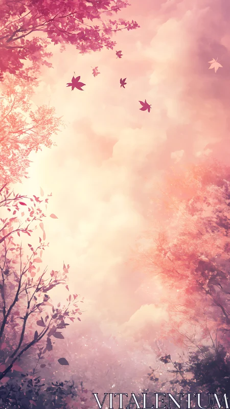 Rose-tinted leaves drift upward through a dream-bright sky