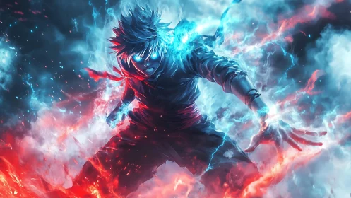 Anime figure stands amid dual blue and red energy fields