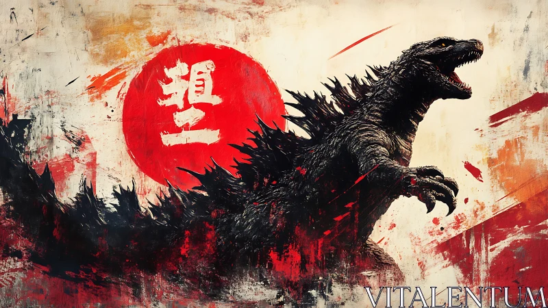 Kaiju silhouette against saturated red sun glyph field.