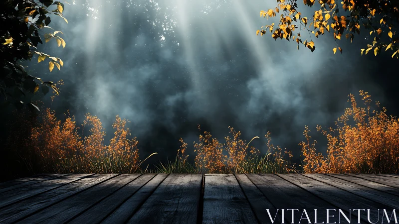 Sunbeams stage a quiet spotlight over misty forest blooms