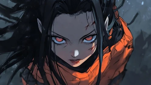 Intense red-eyed anime figure in torn orange cloak.