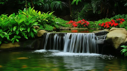 Velvet garden waterfall whispering through emerald stillness.