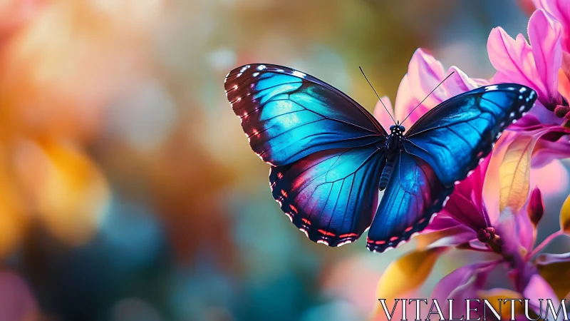 Iridescent blue butterfly rests among vivid pink blossoms.