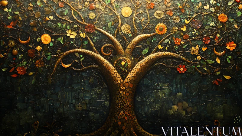 Decorative golden tree with floral and celestial motifs at night.