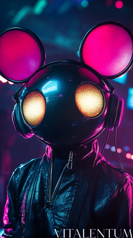 Neon mouse-helmet DJ in glossy leather under club lights.