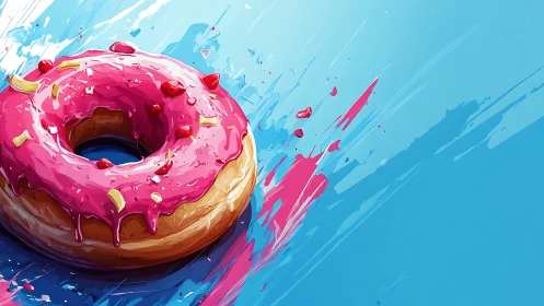 Digital painting of glossy donut on dynamic cyan backdrop.