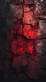 Luminous magma fissures within fractured basaltic wall surface.