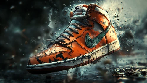 Orange Nike sneaker in dynamic outdoor splash motion scene.