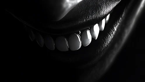 High contrast monochrome close-up of smiling human teeth