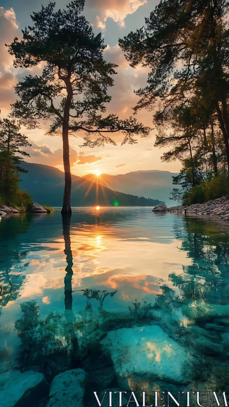 Sunset light reflects across clear mountain lake water