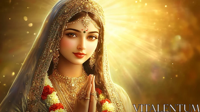 Golden serenity crowns the praying bride in sunlit grace