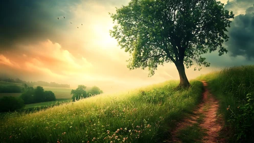 Sunlit hillside path with lone tree under dramatic sky.