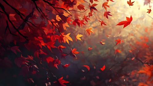 Autumn maple canopy with windblown red foliage in soft bokeh