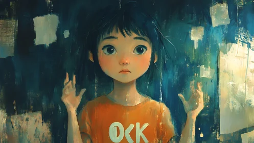 Painterly portrait of wide-eyed child against abstract teal wall