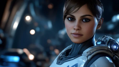 Calm space explorer meets the viewer with steady, kind eyes