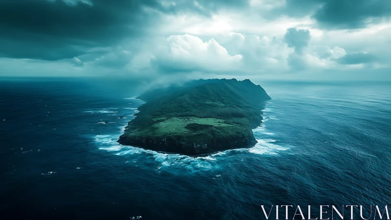 Verdant island rises from turquoise ocean beneath dramatic clouds.