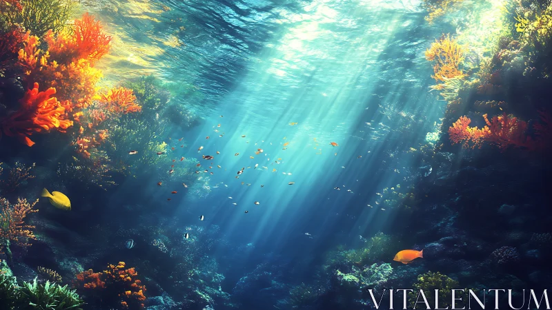 Sunlit coral reef scene with schooling tropical fish.