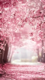 Blossom tunnel of soft pink petals in gentle spring light.