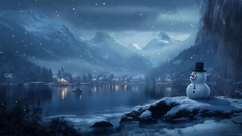 Gentle snowman watches over a peaceful winter lakeside village