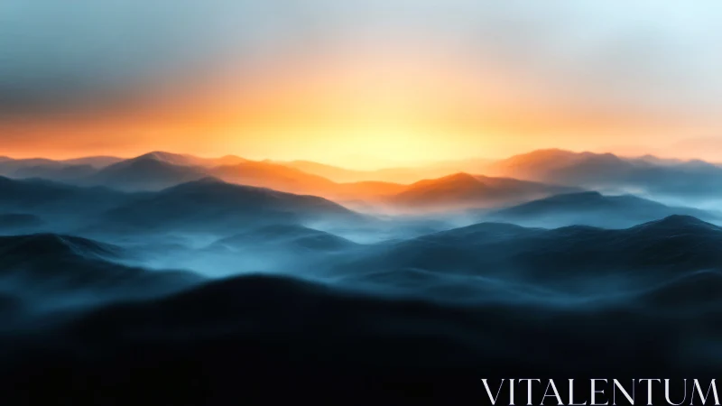 Dawn spills fire over mist-draped ocean swells in dreamscape.