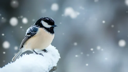 Small bird perched on snowy branch in wintertime, soft focus style.