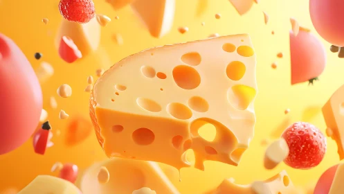 Floating Swiss cheese with strawberries and tomatoes in surreal style.