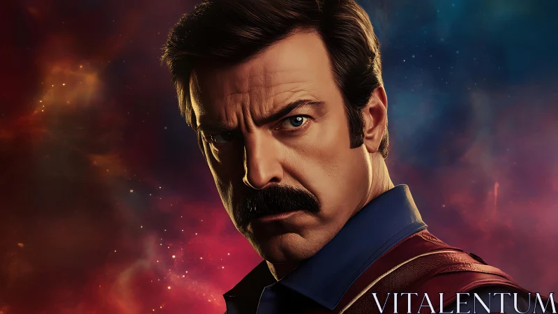 Starlit mustached guardian glares through nebula storm.