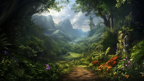 Verdant Mountain Valley: Sunlit Jungle Landscape with Dramatic Peak Vista