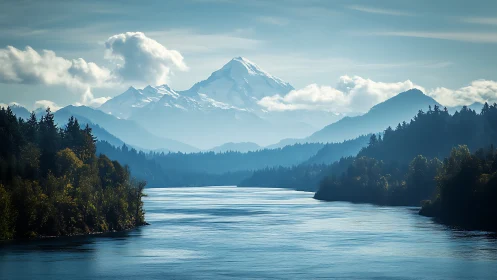 Snowy mountain above calm river and forested valley.