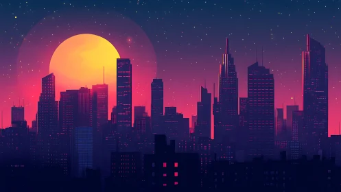 Neon city skyline under oversized sun at dusk glow.