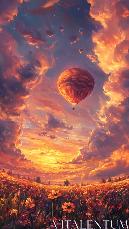Digital painting of balloon ascent over luminous wildflower plain.