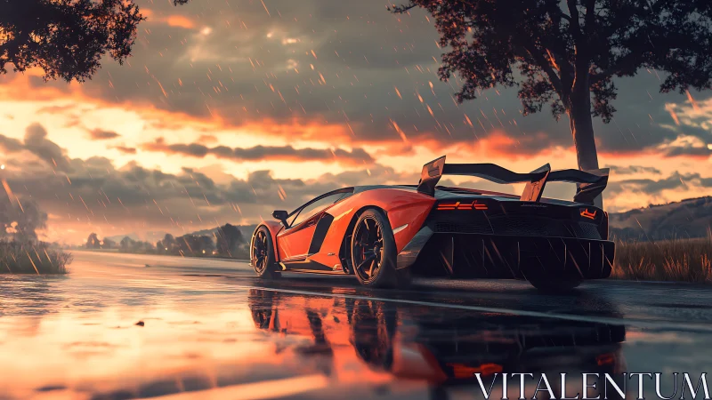 Red supercar on wet road at sunset in stylized rain.
