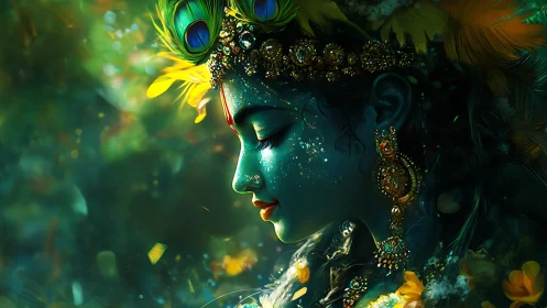 Divine blue profile with jeweled crown and peacock feather glow