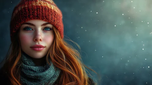 Winter portrait of red-haired woman in soft cinematic lighting